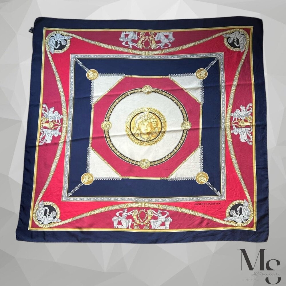 PIERRE BALMAIN Red & Blue Godess & Angels Print Silk Scarf Italy SQR 35.5’’ E.C